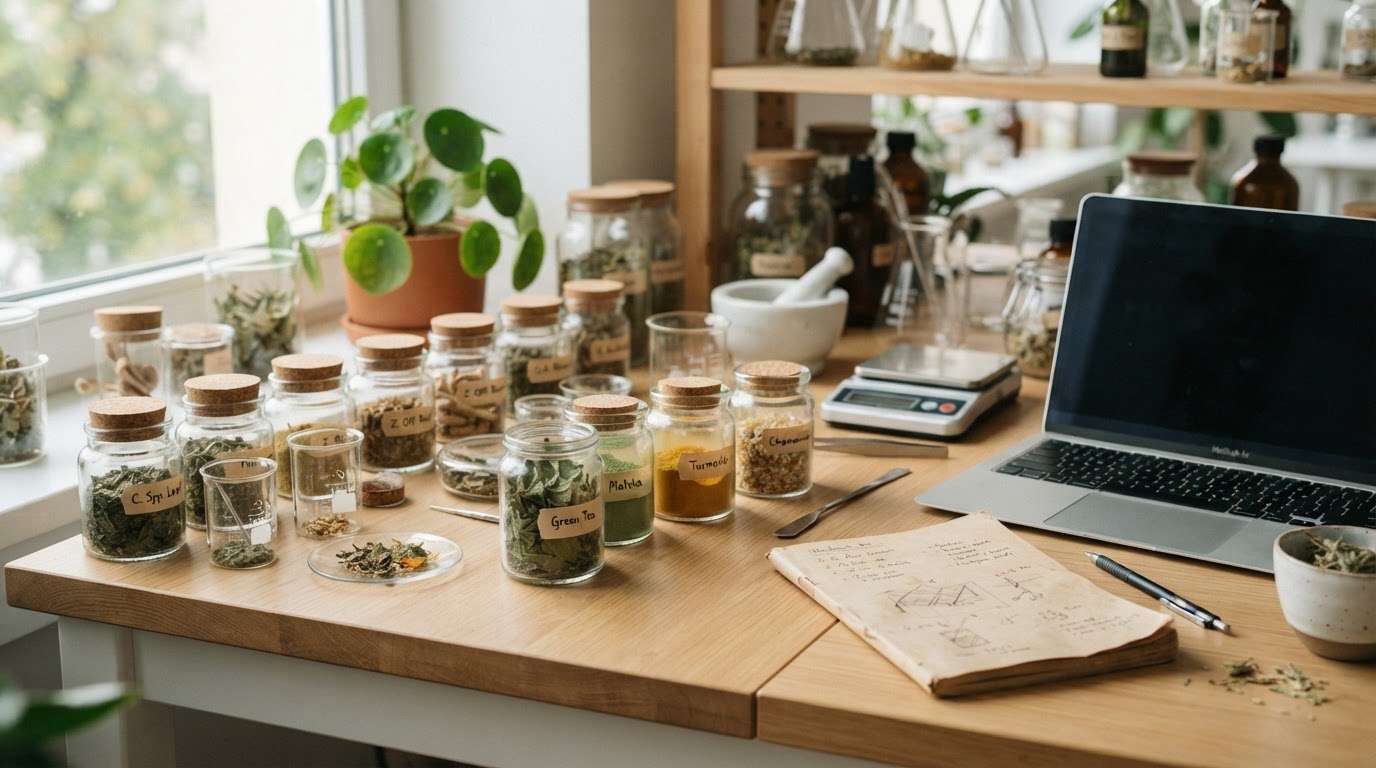 Plant-based ingredient samples on a clean workspace for botanical quality assurance