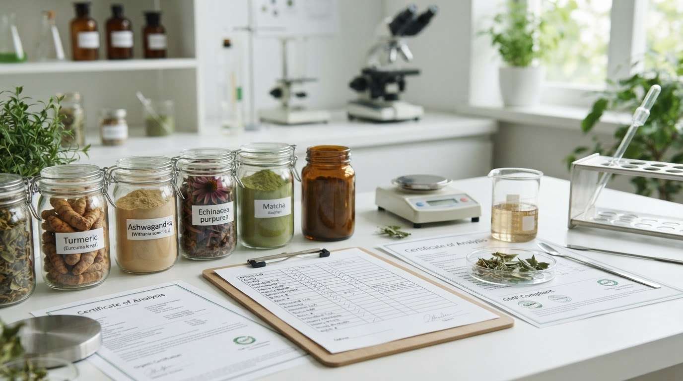 Botanical ingredient samples and quality control documents for supplier selection
